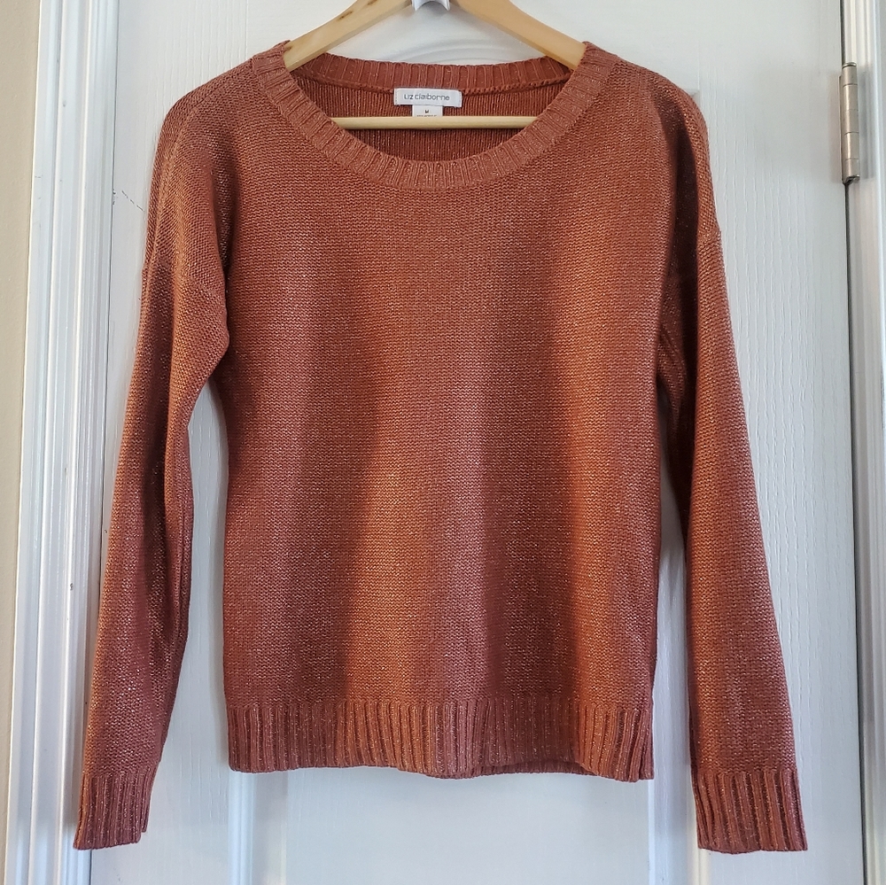 Liz Claiborne Rust Orange Knitted Sweater with Silver Metallic Specks